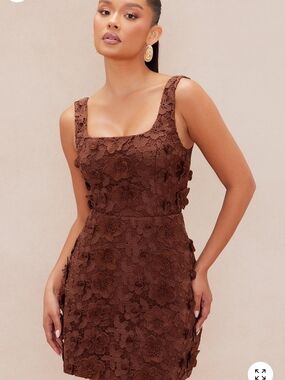 Brown Floral Lace Square-Neck Mini Dress